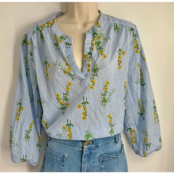 NAUTICA Jeans Floral Blue Stripes Top Blouse Large 3/4 Sleeve Office Preppy - Picture 2 of 13